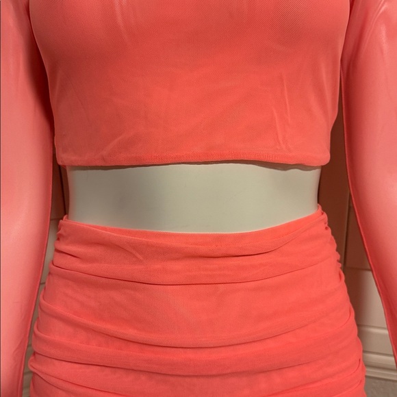 Hot & Delicious Neon Coral Ruched Two-Piece Set | Long Sleeve Crop Top &  Skirt - Picture 4 of 12